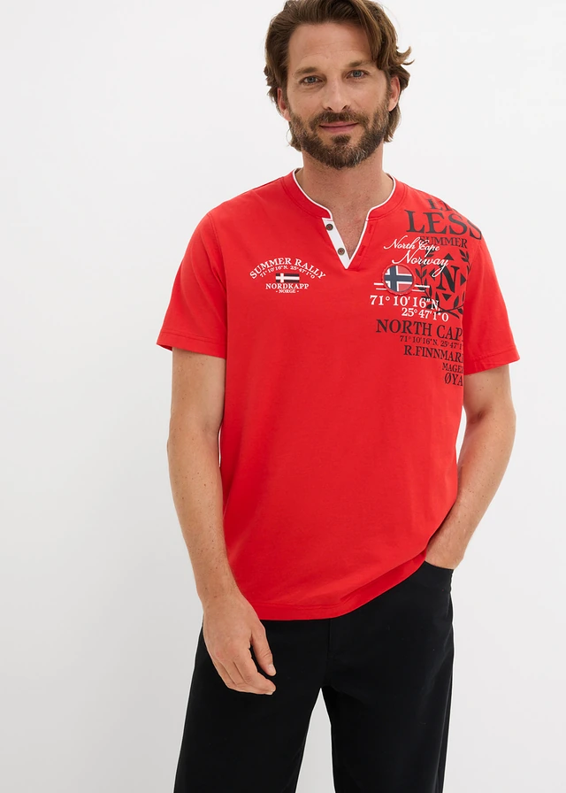 Henley shirt met korte mouwen van biologisch katoen, Kleur: aardbeirood met print