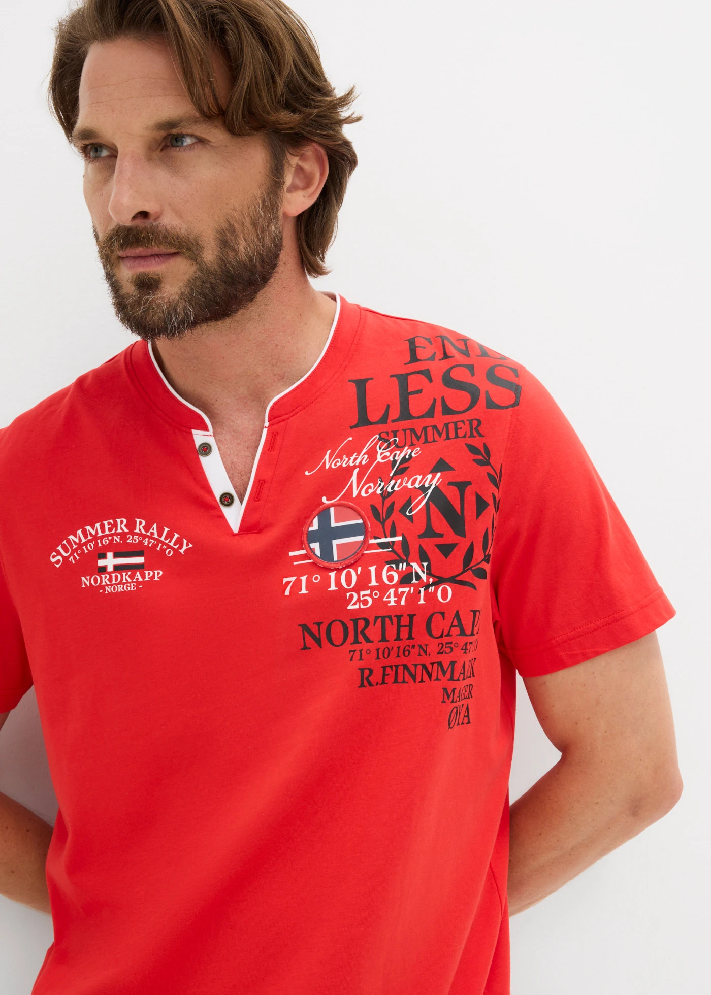 Henley shirt met korte mouwen van biologisch katoen • aardbeirood met print • bonprix online shop