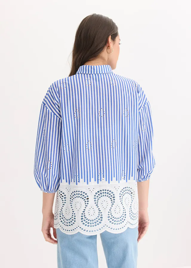 Chemisier oversize à broderie anglaise, Couleur: bleu/blanc rayé