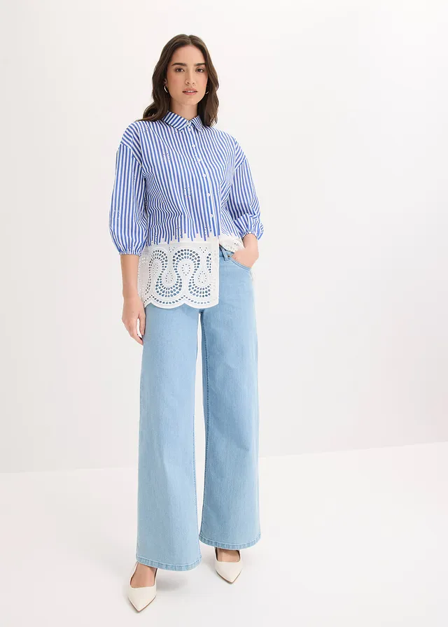 Oversized blouse met broderie anglaise, Kleur: blauw-wit gestreept