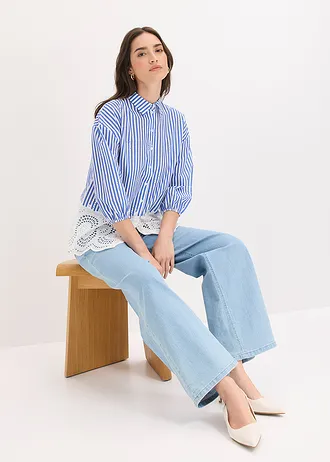 Oversize halenka s dírkovanou výšivkou • modro-bílá s proužky • bonprix obchod