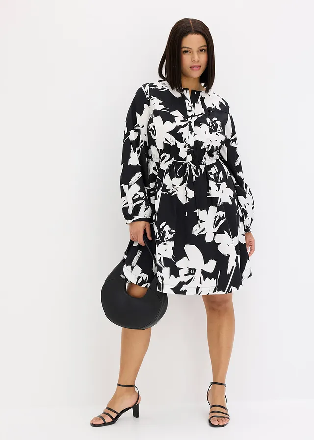 Robe-tunique 100% coton, Couleur: noir-blanc floral