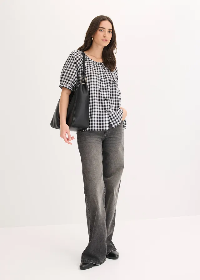 Blouse van puur katoen zwart-wolwit geruit