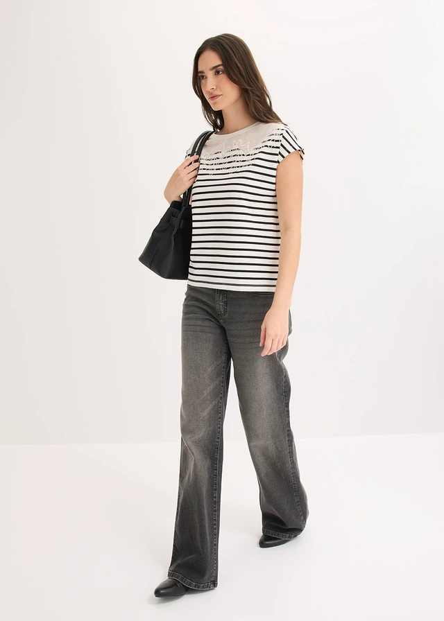 Bluză din amestec de viscoză ecru/negru cu dungi