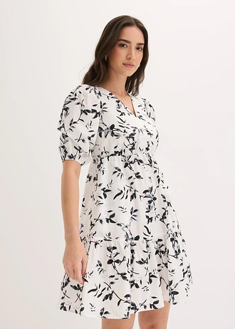 Robe courte 100% coton, Couleur: blanc/noir floral