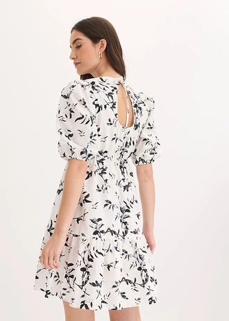 Robe courte 100% coton, Couleur: blanc/noir floral