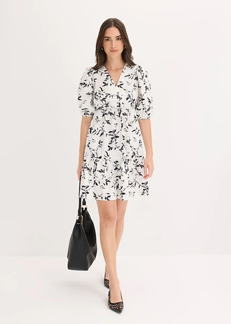 Robe courte 100% coton, Couleur: blanc/noir floral