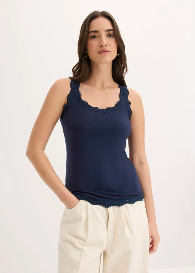 Lot de 2 tops doux en viscose extensible, Couleur: bleu foncé   blanc