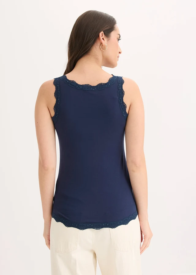 Lot de 2 tops doux en viscose extensible, Couleur: bleu foncé   blanc