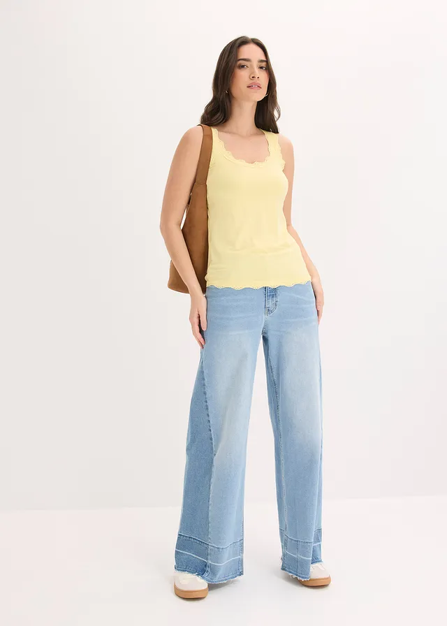 Top van zachte viscose-mix ( set van 2) lichtgeel+wit