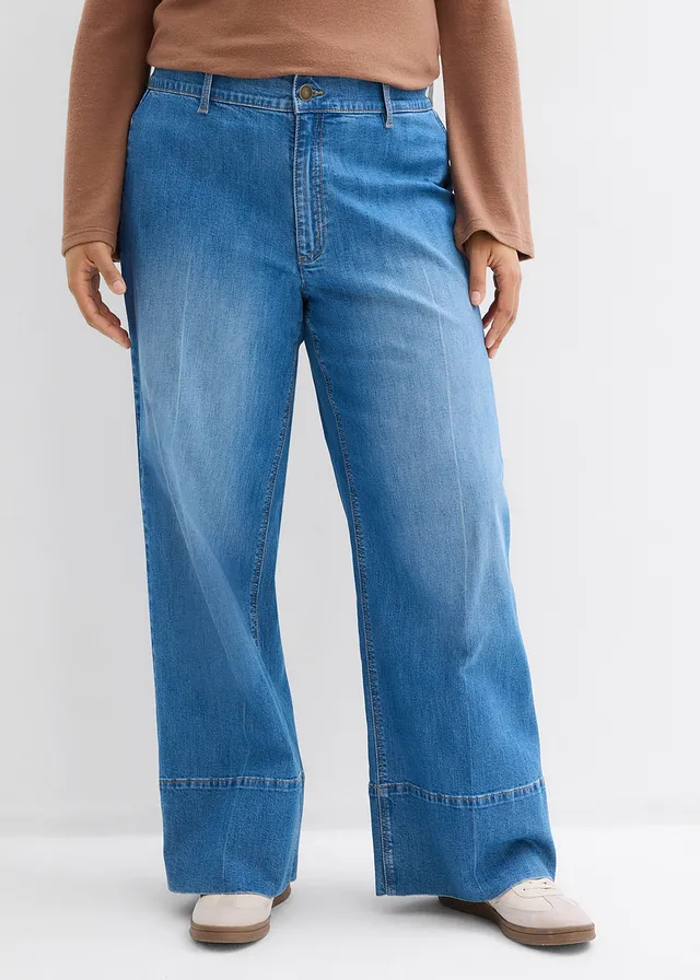 Jean large taille haute, Couleur: bleu moyen denim used