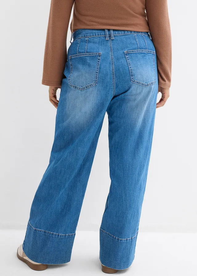 Jean large taille haute, Couleur: bleu moyen denim used