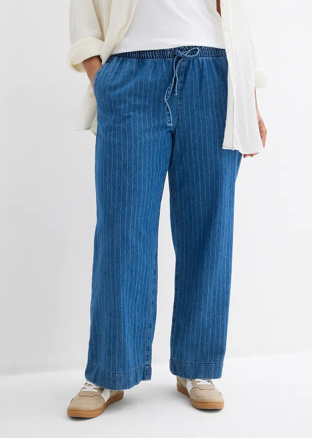 Jean large à taille entièrement élastiquée, coton, Couleur: bleu stone rayé