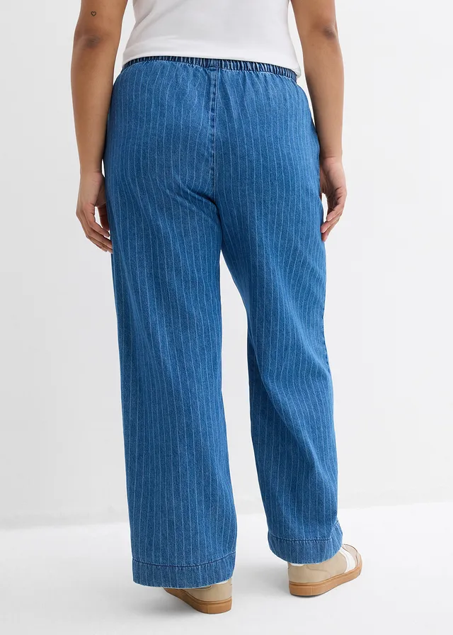 Jean large à taille entièrement élastiquée, coton, Couleur: bleu stone rayé