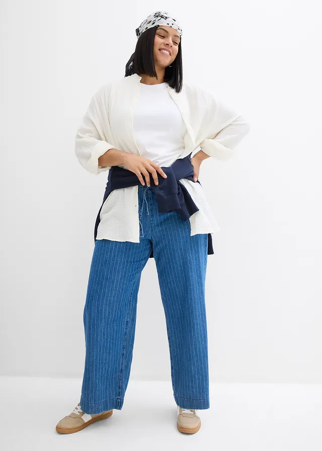 Jean large à taille entièrement élastiquée, coton, Couleur: bleu stone rayé