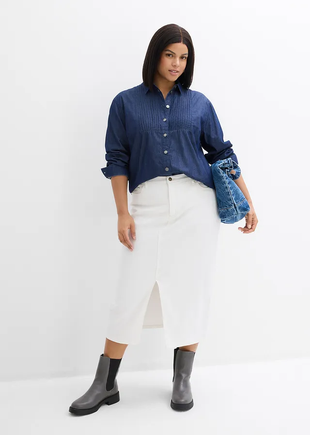 Jupe midi en jean, Couleur: écru