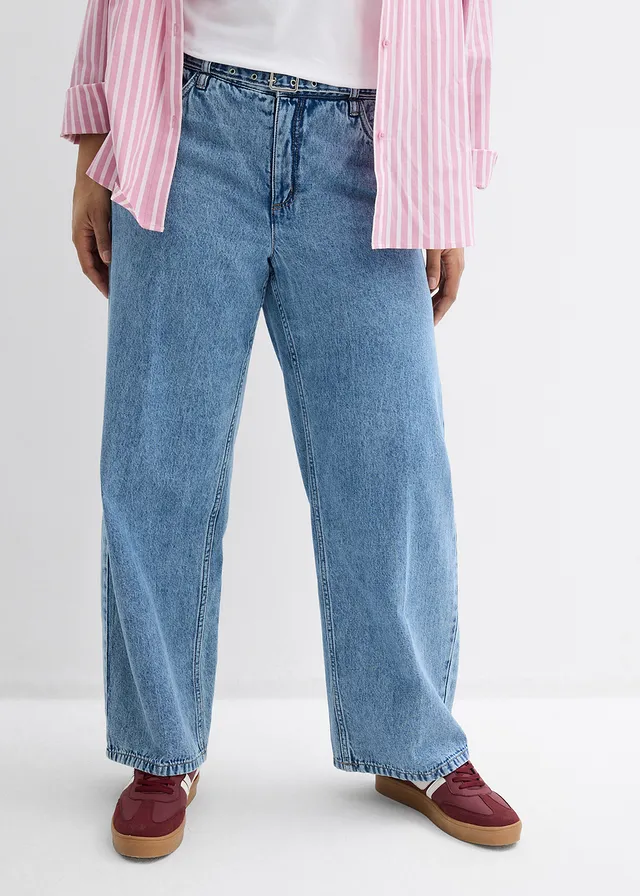 Jean droit et loose, taille mi-haute, coton, Couleur: bleu clair denim used