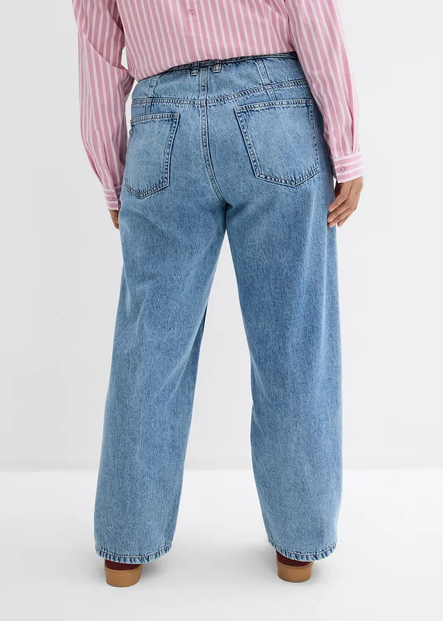 Loose straight jeans, mid waist van katoen, Kleur: lichtblauw denim used