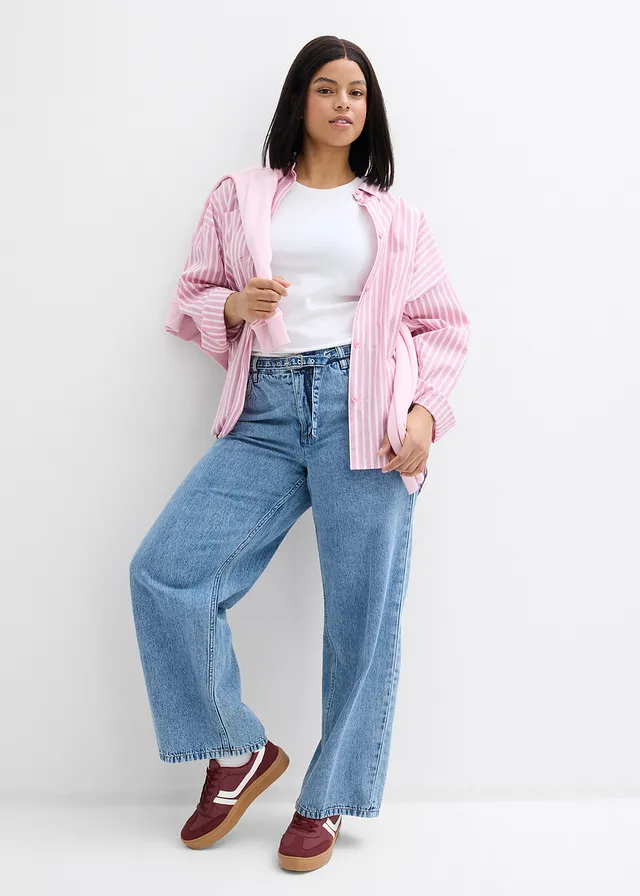 Loose straight jeans, mid waist van katoen, Kleur: lichtblauw denim used