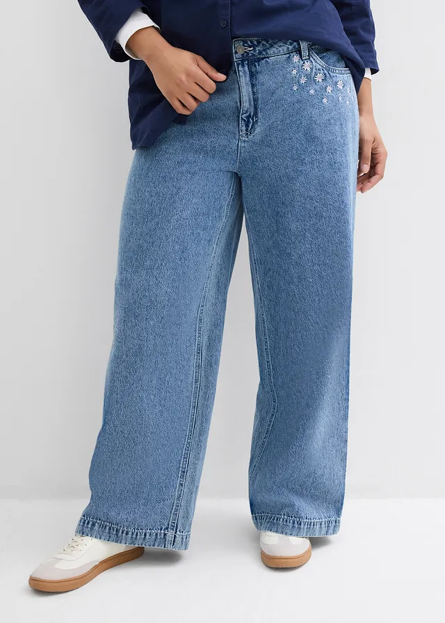 Jean large taille mi-haute, coton, Couleur: bleu clair denim used