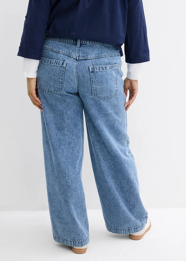 Jean large taille mi-haute, coton, Couleur: bleu clair denim used