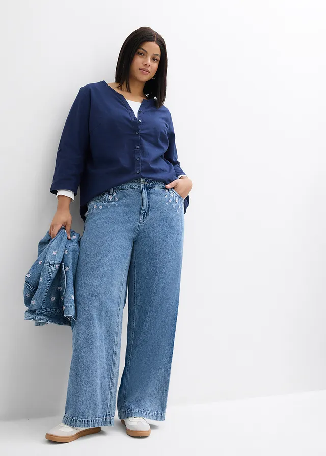 Jean large taille mi-haute, coton, Couleur: bleu clair denim used