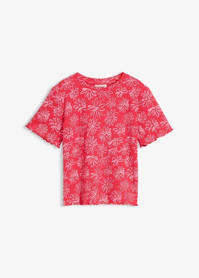T-shirt court en coton mélangé, Couleur: rose hibiscus-rose floral