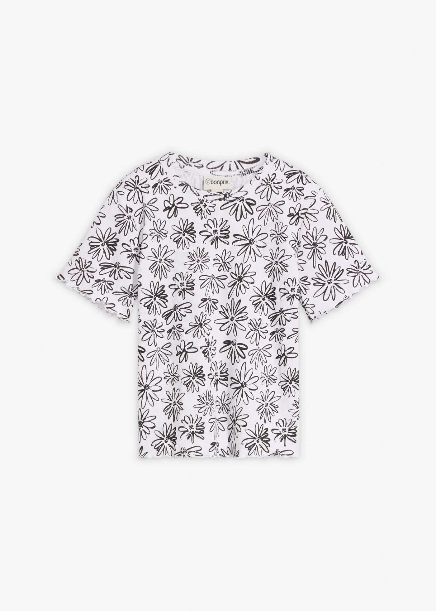 Tricou scurt din material cu bumbac • alb-negru înflorat • magazin bonprix