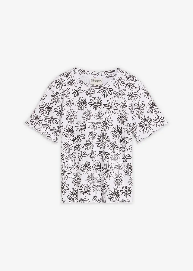 Krótki T-shirt z mieszanki bawełny, kolor: biało-czarny w kwiaty
