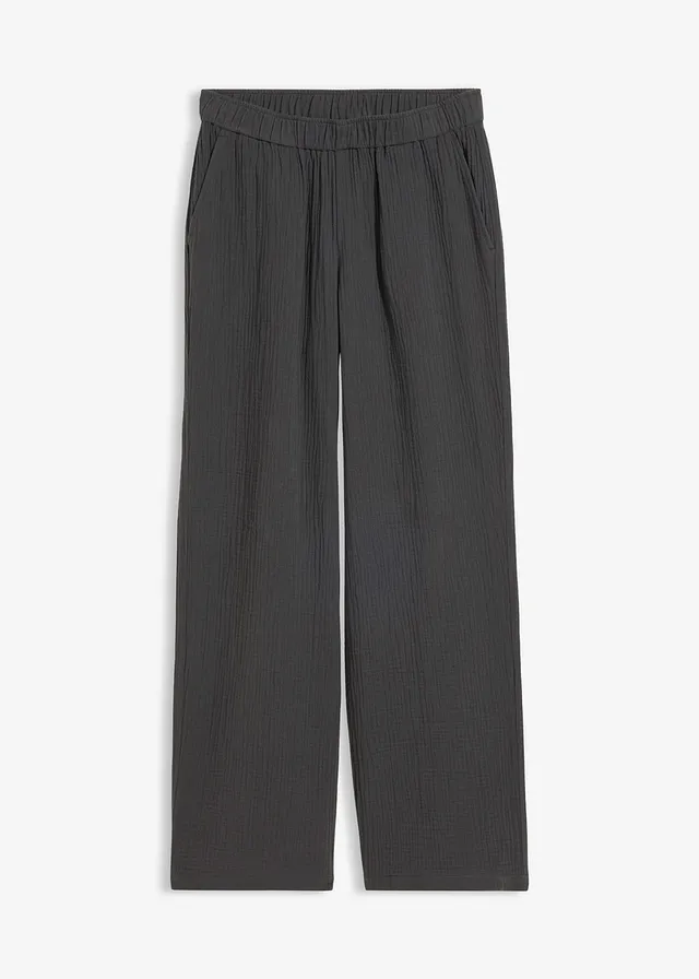 Pantalon en gaze de coton à taille élastiquée • anthracite délavé • Boutique bonprix
