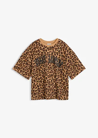 T-shirt oversize z czystej bawełny organicznej, kolor: cappuccino-ciemnobrązowy ze wzorem w panterkę