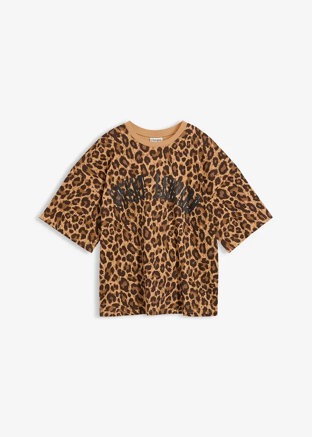 Oversize triko z čisté organické bavlny • kapučíno-tmavě hnědá s leopardím potiskem • bonprix obchod