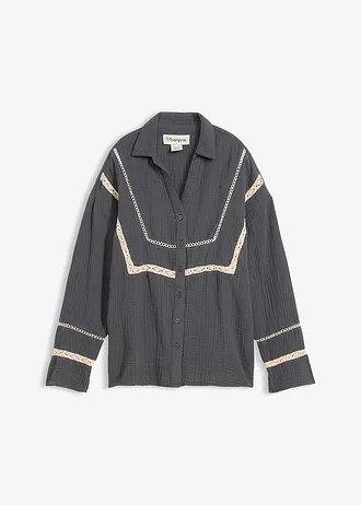 Mousseline blouse met kanten inzetstukken, Kleur: antraciet washed