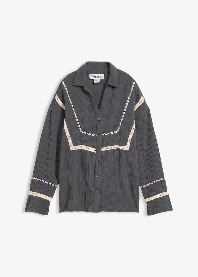 Blouse en gaze de coton avec empiècements de dentelle • anthracite délavé • Boutique bonprix