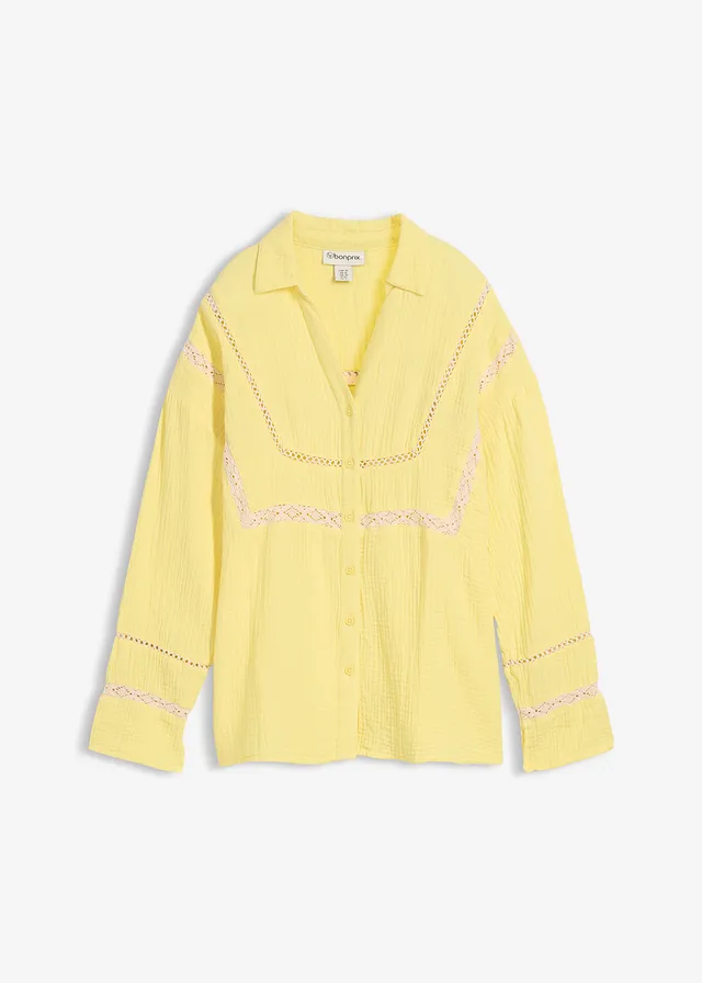 Mousseline blouse met kanten inzetstukken • lichtlimoen washed • bonprix online shop