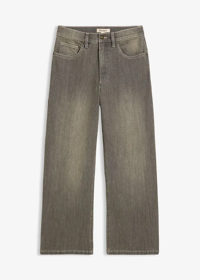 Jean large taille haute, cropped • gris denim-olive used • Boutique bonprix