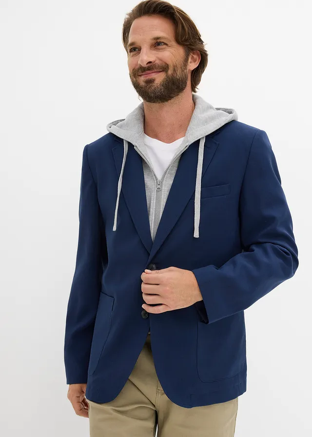 2-in-1 colbert met afneembare capuchon, Kleur: donkerblauw-lichtgrijs gemêleerd