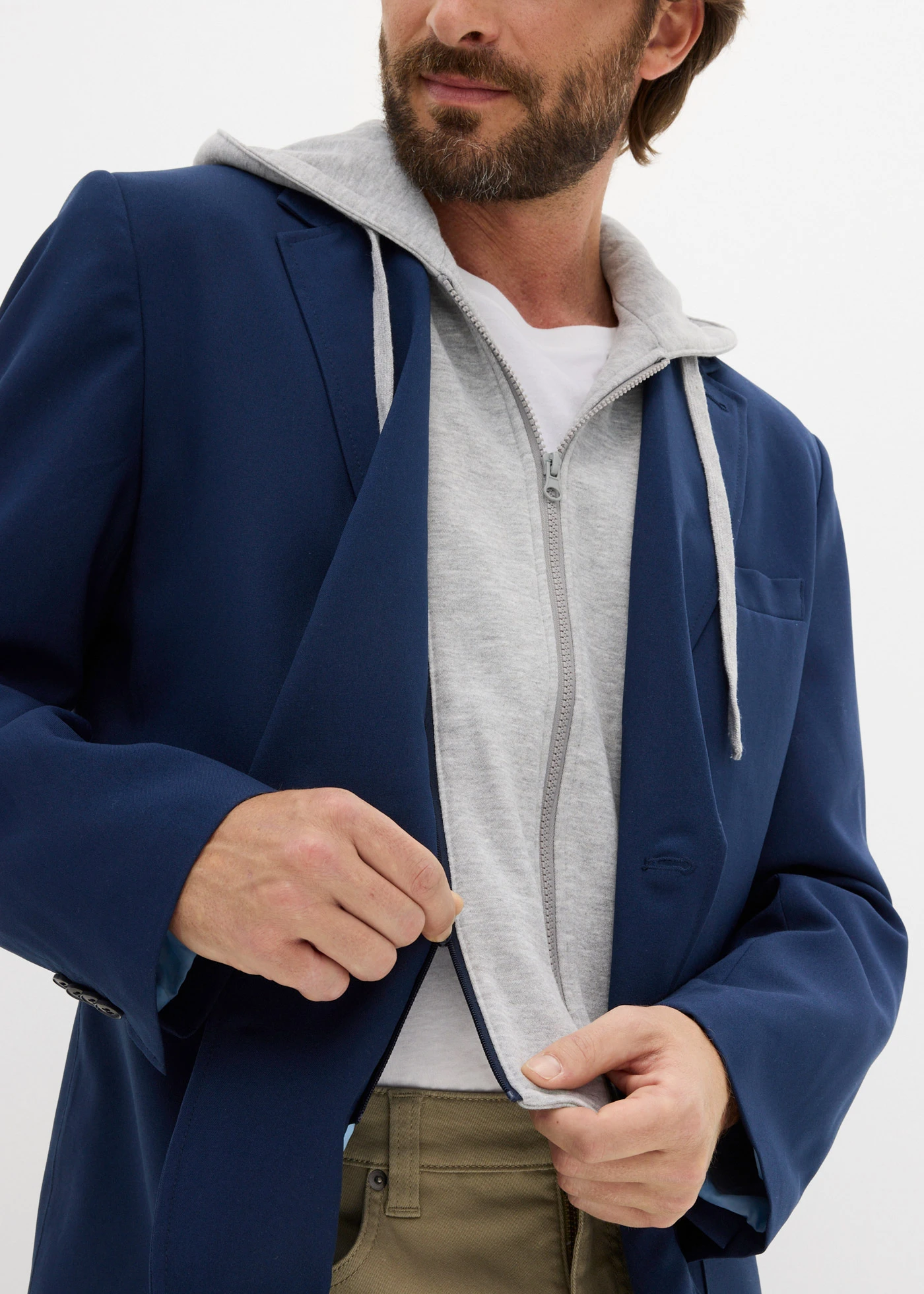 2-in-1 colbert met afneembare capuchon • donkerblauw-lichtgrijs gemêleerd • bonprix online shop