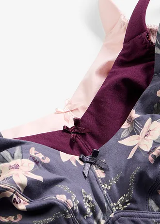 Lot de 3 soutiens-gorge coton sans armatures • myrtille imprimé + rose dragée + sureau • Boutique bonprix