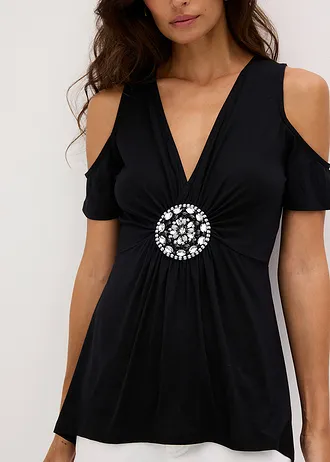 T-shirt z odsłoniętymi ramionami z ozdobnym detalem • czarny • sklep bonprix