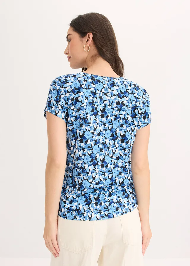 Chemisier manches courtes 100% viscose, Couleur: bleu gentiane floral