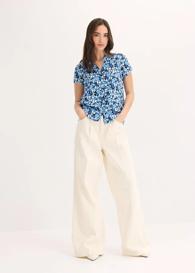 Chemisier manches courtes 100% viscose, Couleur: bleu gentiane floral