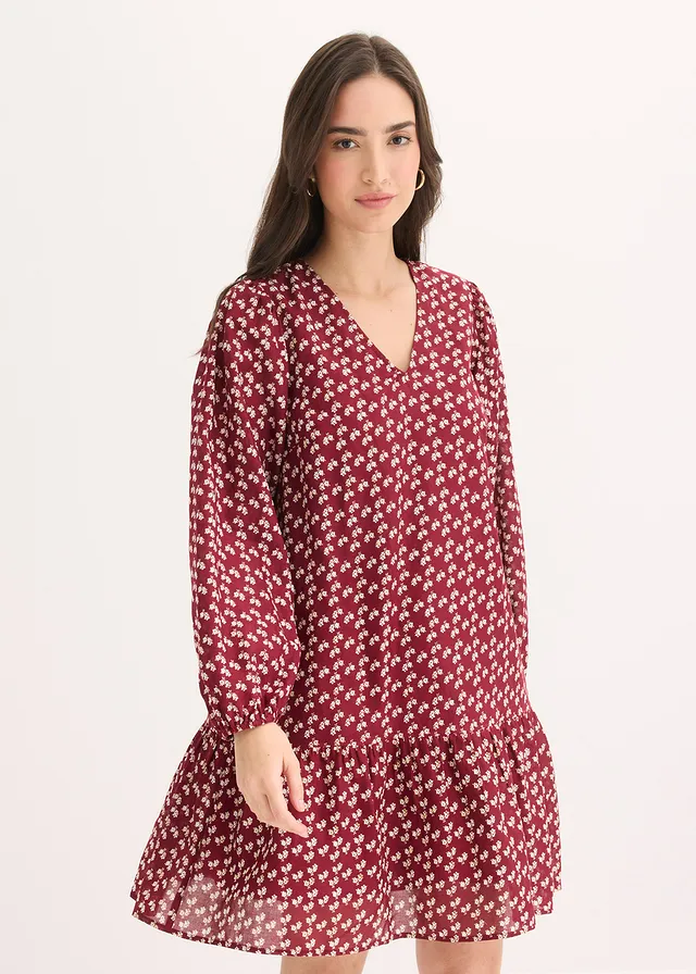 Rochie mini din material cu textură crinkle • roșu rubiniu înflorat • magazin bonprix
