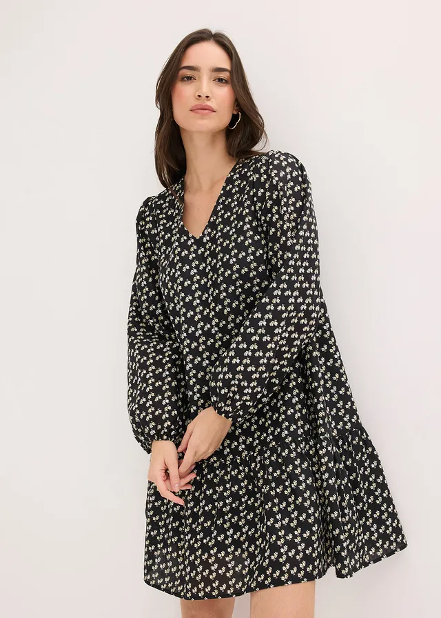 Rochie mini din material cu textură crinkle • negru înflorat • magazin bonprix
