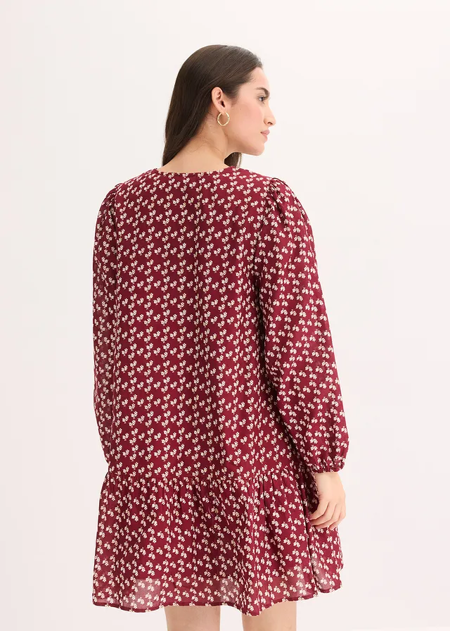 Mini jurk van gestructureerde crêpe • robijnrood gebloemd • product-page.page-title-suffix