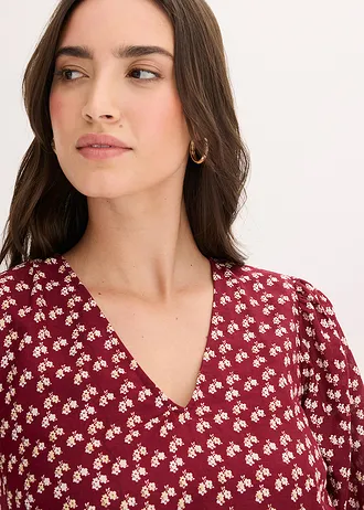 Rochie mini din material cu textură crinkle • roșu rubiniu înflorat • magazin bonprix