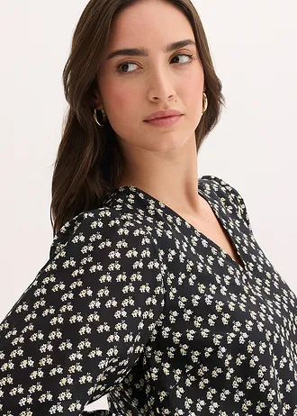 Rochie mini din material cu textură crinkle • negru înflorat • magazin bonprix