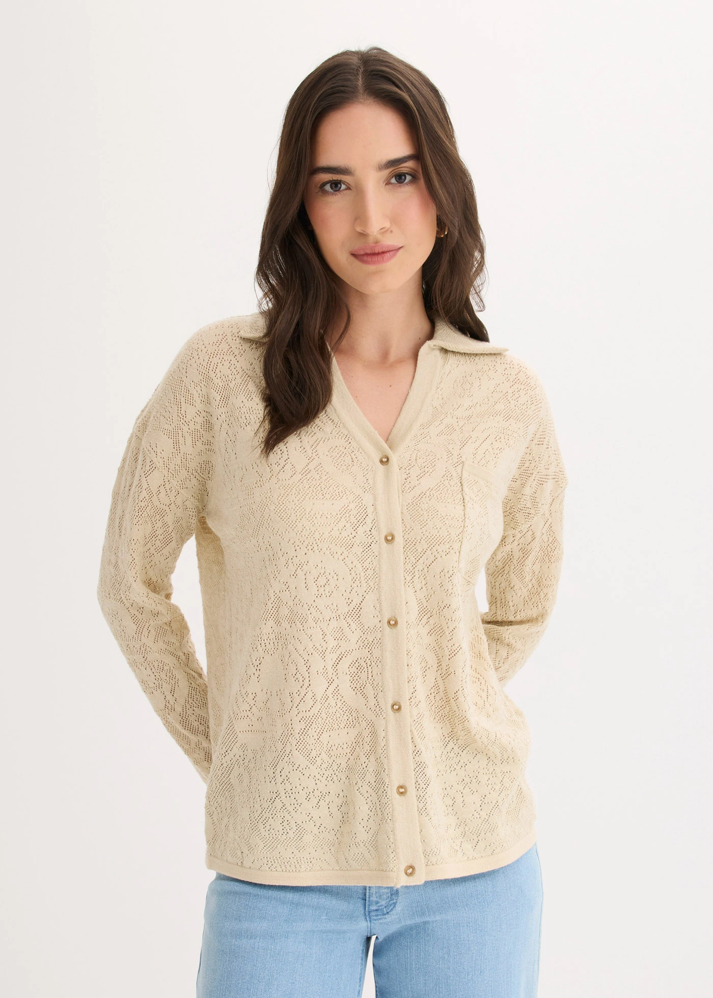 Ajour gebreid vest met glittergaren • lichtsand • bonprix online shop