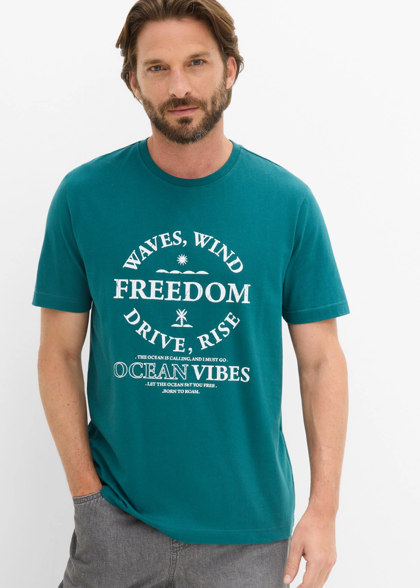 T-shirt 100% coton • pétrole imprimé • Boutique bonprix