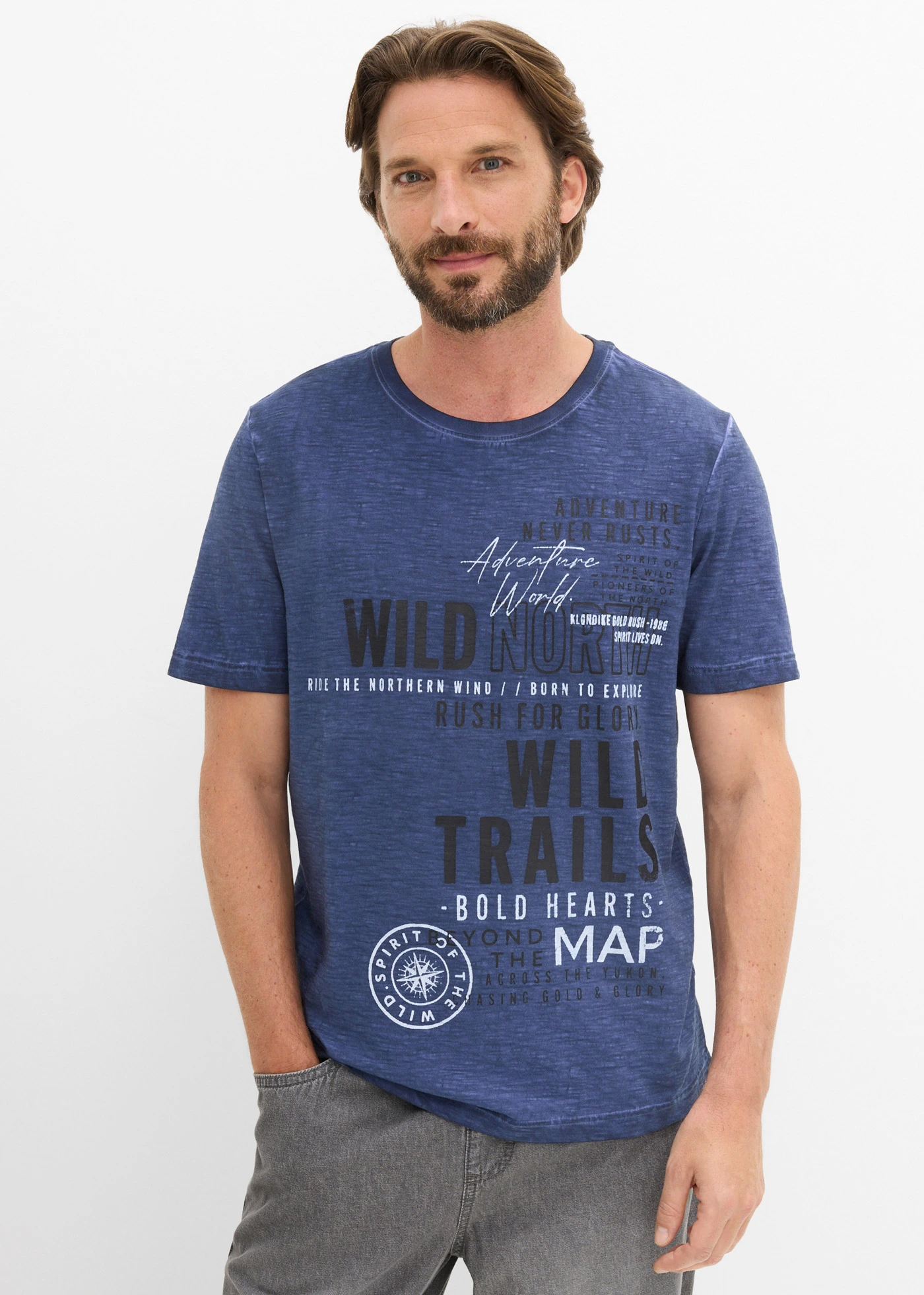 T-shirt aspect délavé, 100% coton • indigo imprimé • Boutique bonprix